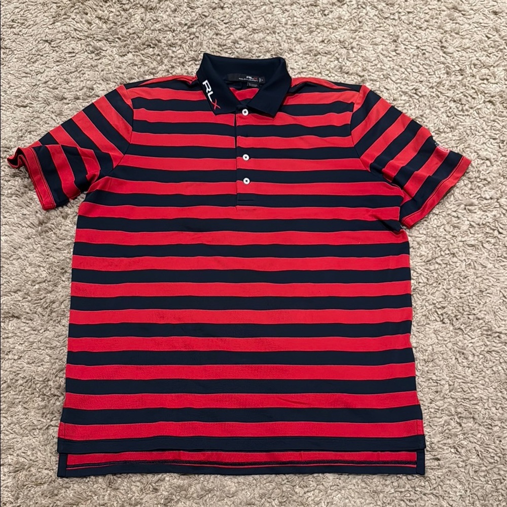 Polo Ralph Lauren RLX Men's Red and Navy Blue Striped Golf Shirt Large